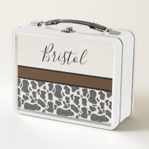 Cute Cow Spots Animal Print Your Name Black White Metal Lunch Box