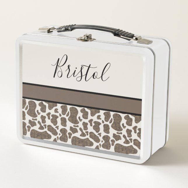 Cute Cow Spots Animal Print Your Name Metal Lunch Box (Front)