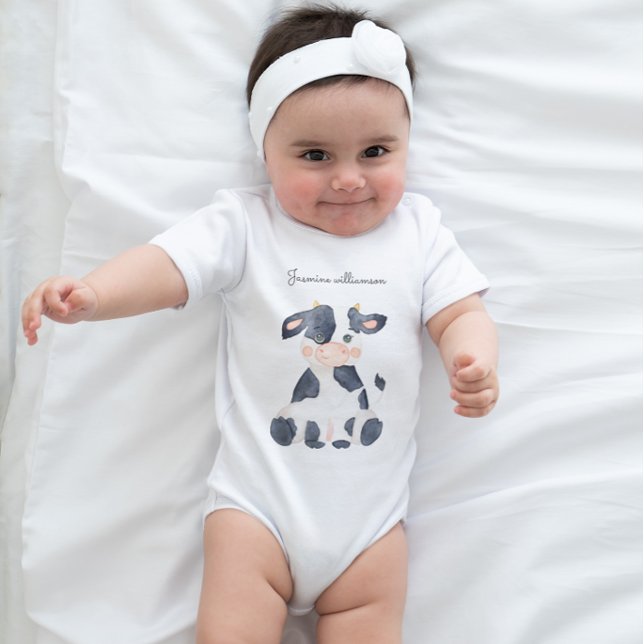  Cute cow  stylish watercolor script  Baby Bodysuit (Creator Uploaded)