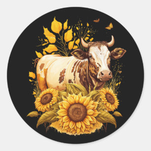 Cute Cow Sunflower Lover Drawing Art Classic Round Sticker
