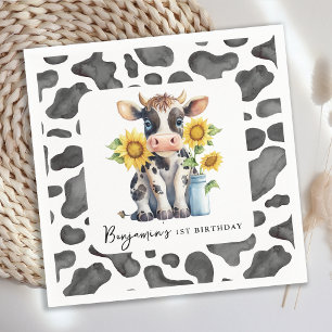 Cute Cow Sunflower Modern Farm Animal 1st Birthday Napkin