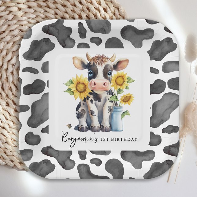 Cute Cow Sunflower Modern Farm Animal 1st Birthday Paper Plate (Creator Uploaded)
