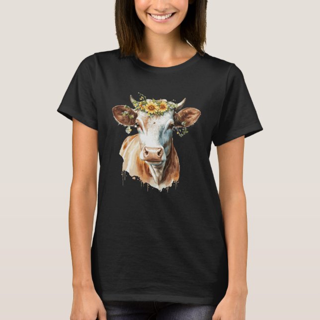Cute Cow Sunflower Watercolor Cattle Farm Animal T-Shirt (Front)