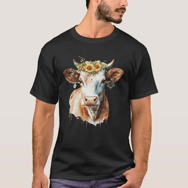 Cute Cow Sunflower Watercolor Cattle Farm Animal T-Shirt (Front)