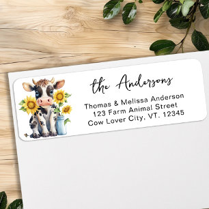 Cute Cow Sunflowers Farm Animal Return Address  Label
