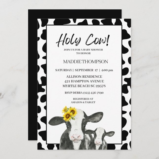 Cute Cow Sunflowers Farm Baby Shower Invitation (Front/Back)