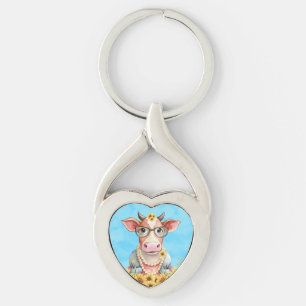 Cute Cow Sunflowers Key Ring