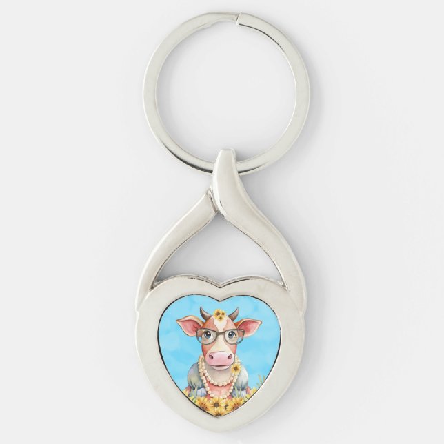 Cute Cow Sunflowers Key Ring (Front)