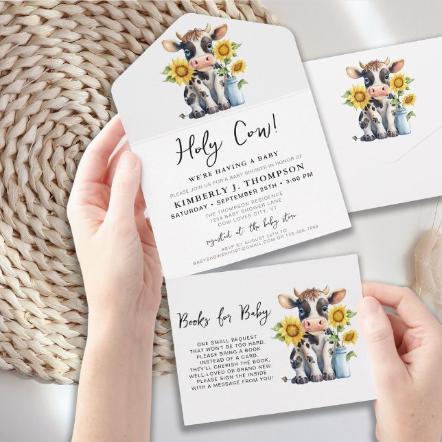 Cute Cow Sunflowers Modern Simple Farm Baby Shower All In One Invitation (Creator Uploaded)