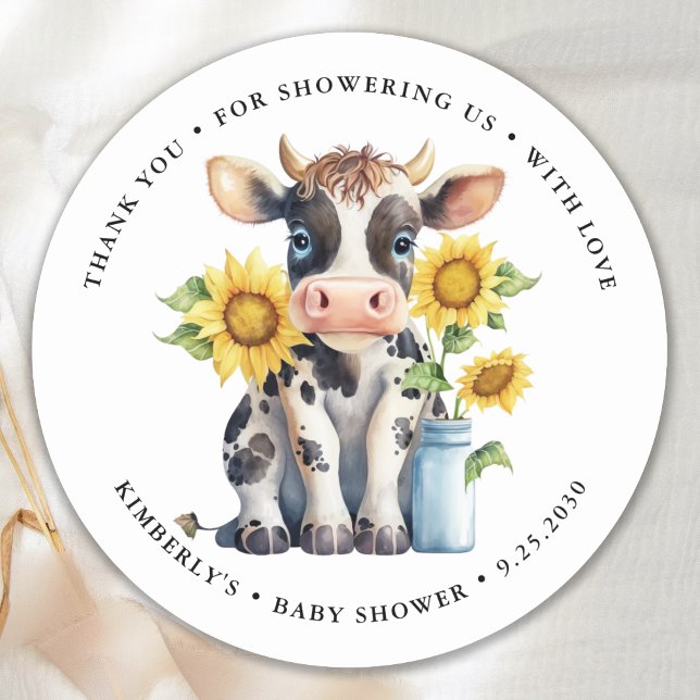 Cute Cow Sunflowers Modern Simple Farm Baby Shower Classic Round Sticker (Creator Uploaded)