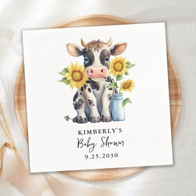 Cute Cow Sunflowers Modern Simple Farm Baby Shower Napkin (Creator Uploaded)