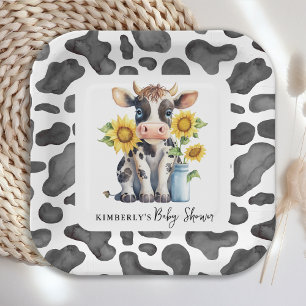 Cute Cow Sunflowers Modern Simple Farm Baby Shower Paper Plate