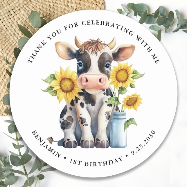 Cute Cow Sunflowers Modern Simple Farm Birthday Classic Round Sticker (Creator Uploaded)