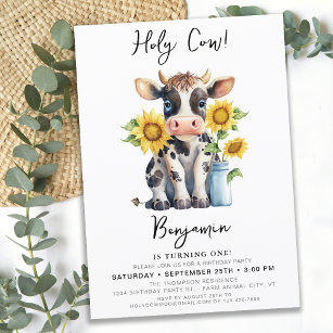 Cute Cow Sunflowers Modern Simple Farm Birthday Invitation