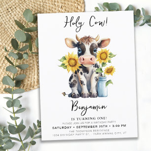 Cute Cow Sunflowers Modern Simple Farm Birthday Invitation Postcard