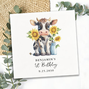 Cute Cow Sunflowers Modern Simple Farm Birthday Napkin