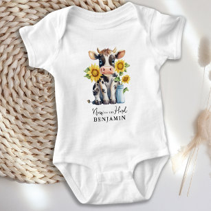 Cute Cow Sunflowers Personalised New To The Herd  Baby Bodysuit