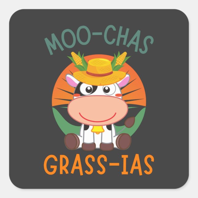 Cute Cow Wearing Yellow Hat Moo-chas Grass-ias  Square Sticker (Front)