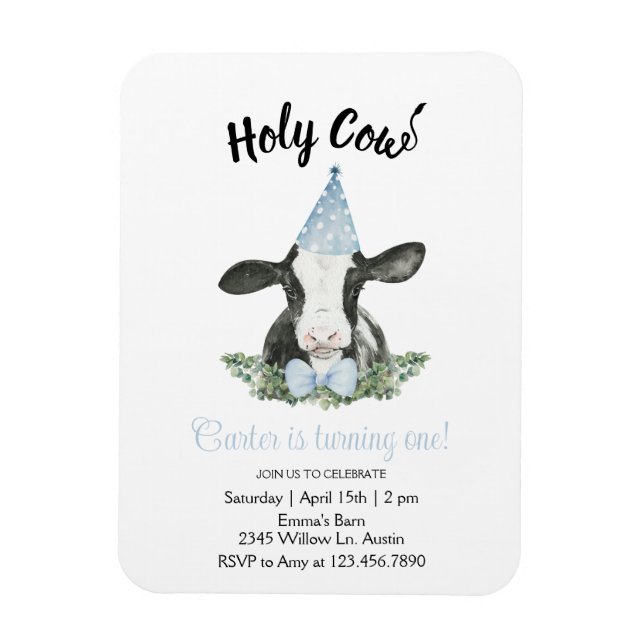 Cute cow with Blue Party hat & Bow Tie invitation Magnet (Vertical)