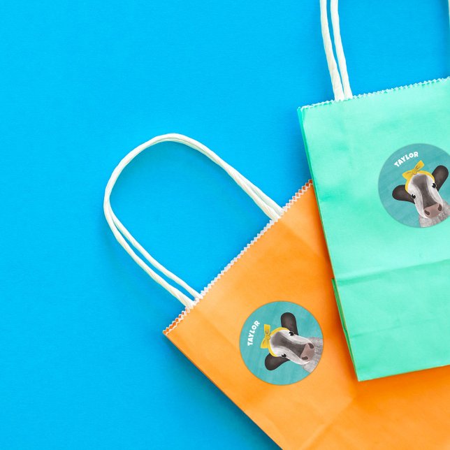 Cute Cow with Bow Personalised Classic Round Sticker (Creator Uploaded)