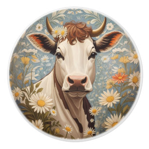 Cute Cow With Daisy Flowers Ceramic Knob