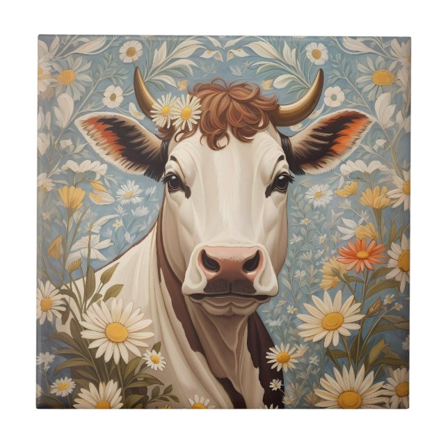 Cute Cow With Daisy Flowers Ceramic Tile (Front)