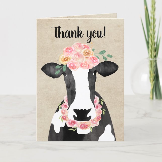 Cute Cow with Floral Crown Rustic Thank you card (Black and White Cow Thank you note with a flower crown and necklace)