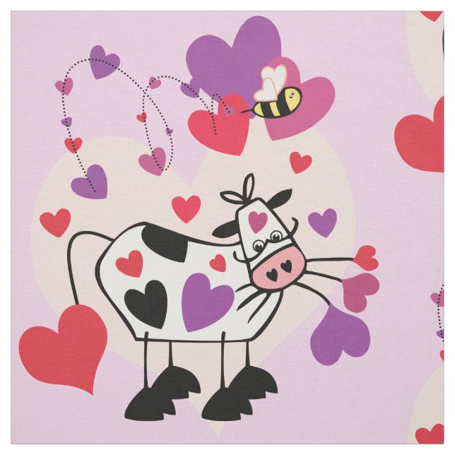 Cute Cow With Hearts Pattern Graphic Fabric (Swatch)