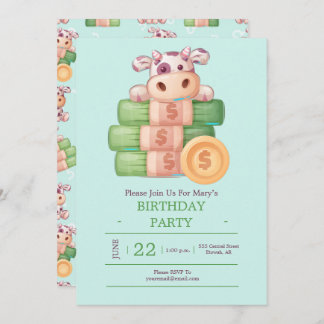 Cute Cow With Money Party Invitation