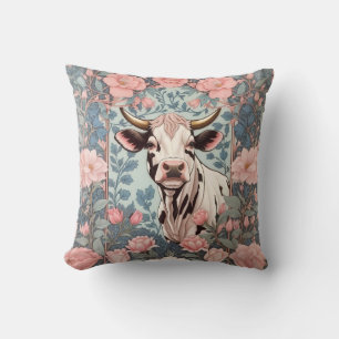 Cute Cow with Pink Floral Background Cushion