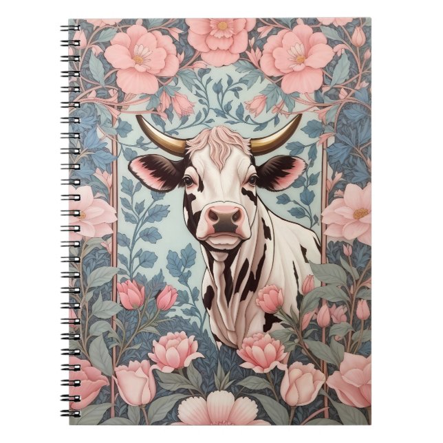 Cute Cow with Pink Floral Background Notebook (Front)