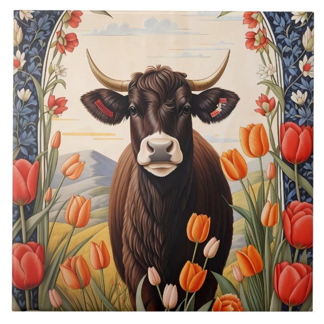 Cute Cow With Tulips Ceramic Tile (Front)
