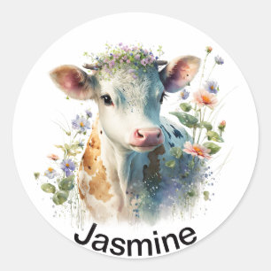 Cute cow with your name floral watercolor  classic classic round sticker