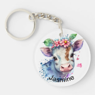 Cute cow with your name floral watercolor farm key key ring