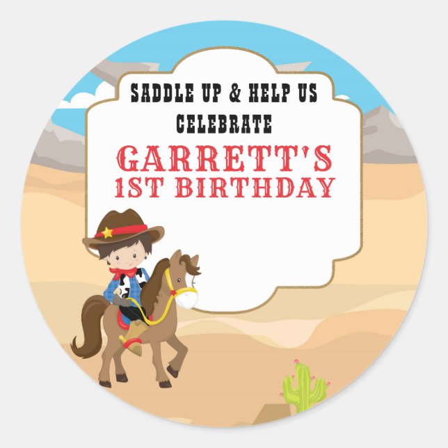 Cute Cowboy 1st Birthday Party Classic Round Sticker (Front)