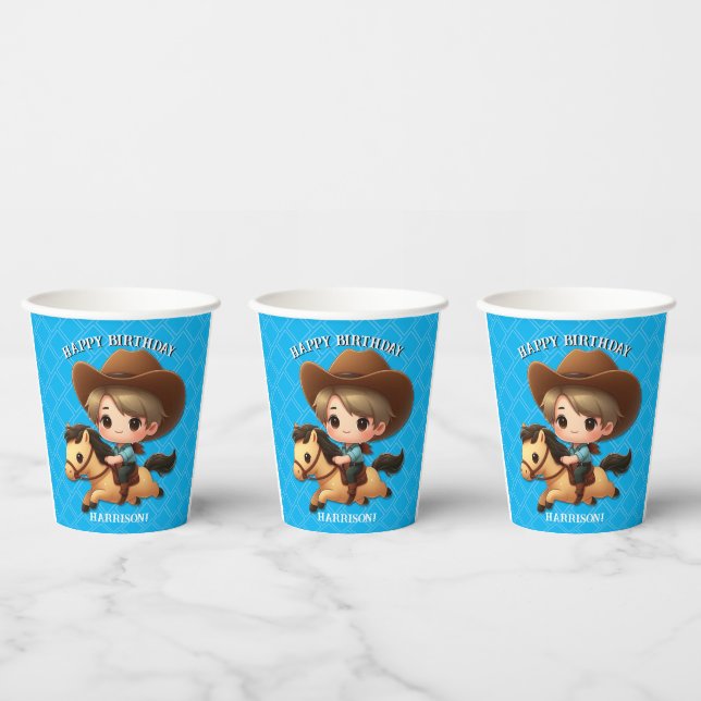 Cute Cowboy and Horse Western Birthday Blue Paper Cups (Multi)