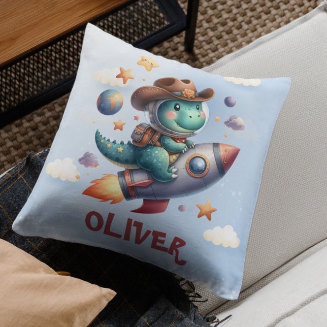 Cute Cowboy Astronaut Dinosaur Riding Space Rocket Cushion (Creator Uploaded)