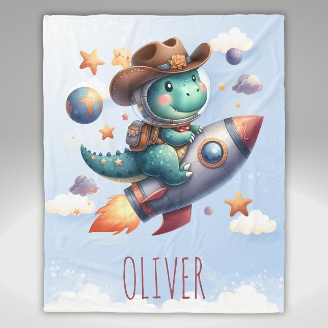 Cute Cowboy Astronaut Dinosaur Riding Space Rocket Fleece Blanket (Creator Uploaded)