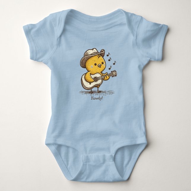 Cute Cowboy Baby Chick Playing Guitar Personalised Baby Bodysuit (Front)