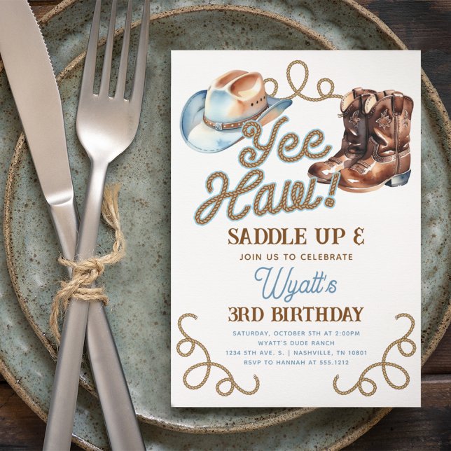 Cute Cowboy Boots Blue Yee Haw Rodeo Birthday Invitation (Cute Cowboy Boots Blue Yee Haw Rodeo Birthday Invitation)