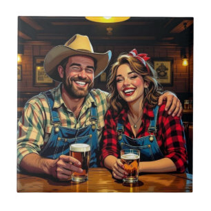 Cute Cowboy Country and Western Bar Couple Ceramic Tile