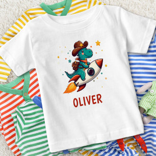Cute Cowboy Dinosaur Riding Space Rocket Baby T-Shirt