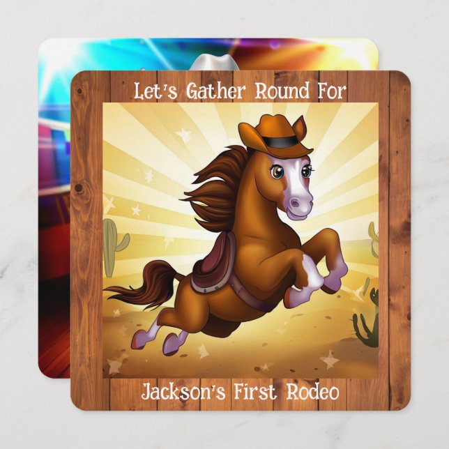 Cute Cowboy Horse First Rodeo Birthday Invitation (Front/Back)