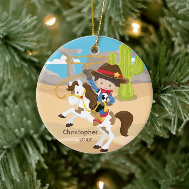 Cute Cowboy Horseback Boy Christmas Ornament (Tree)