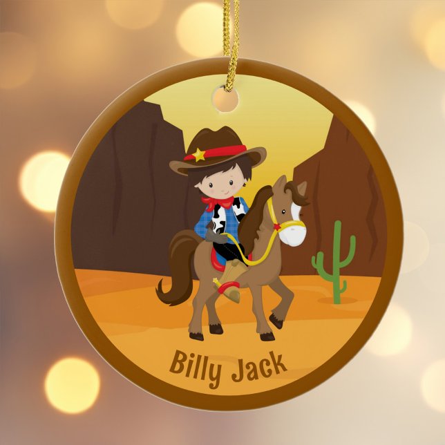 Cute Cowboy Kids Name Personalised Christmas Ceramic Ornament (Creator Uploaded)