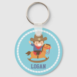 Cute Cowboy on Rocking Horse Personalised Key Ring