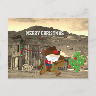Cute Cowboy Santa Riding Horse Western Christmas Holiday Postcard