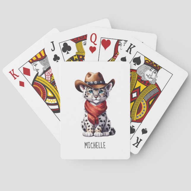 Cute Cowboy Snow Leopard Name Playing Cards (Back)