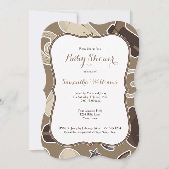 Cute Cowboy Theme Baby Shower Invite Brown (Front)