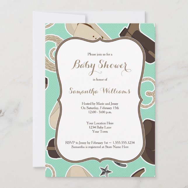 Cute Cowboy Theme Baby Shower Invite Mint Brown (Front)